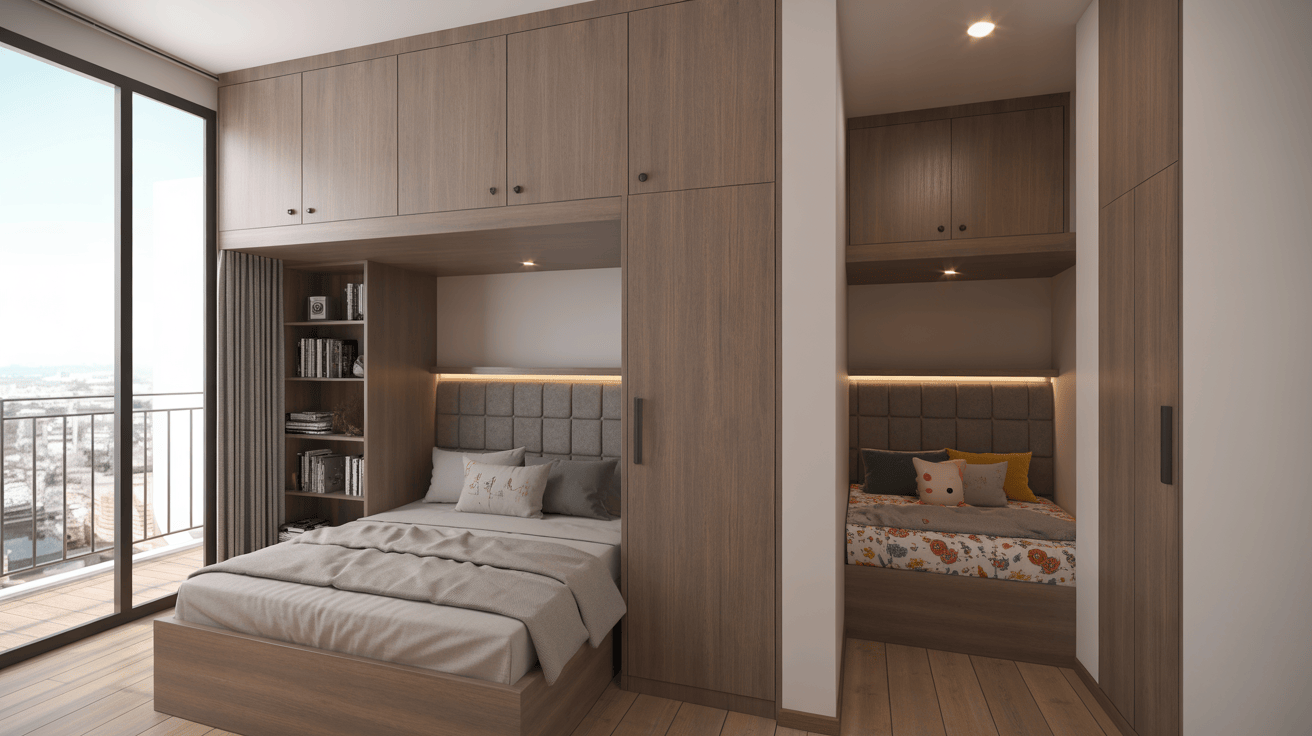 Modern wardrobe with loft laminate design and smart bedroom storage