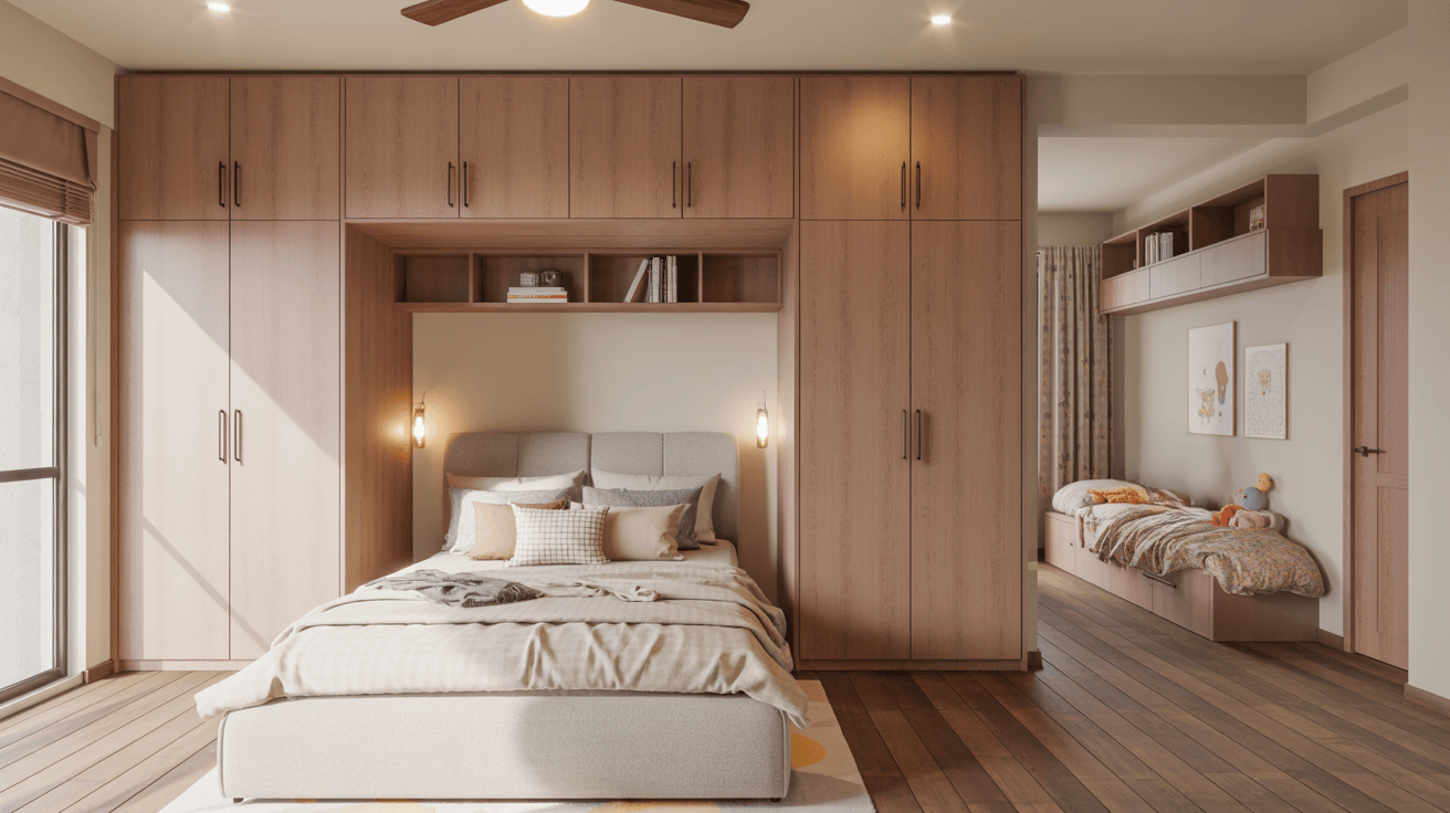 Stylish laminate finish wardrobe design with smart bedroom storage