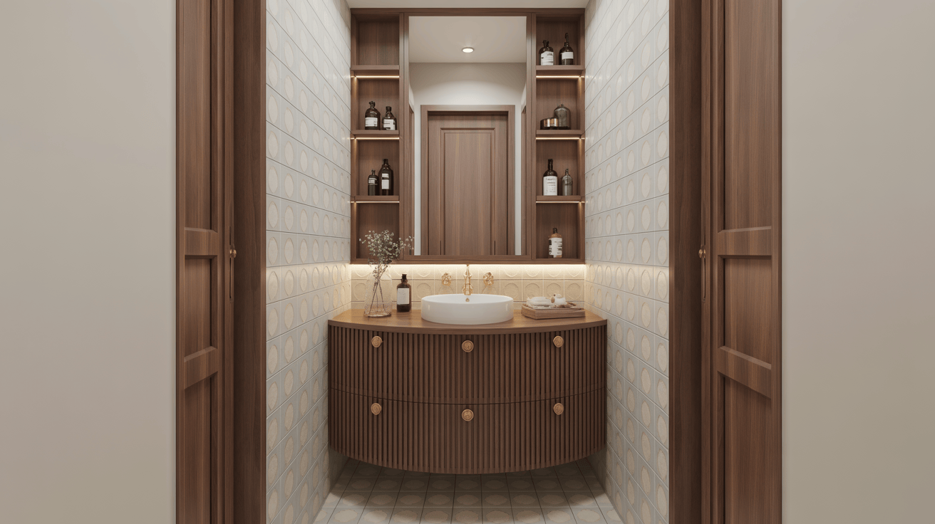 Stylish small bathroom vanity designs with wood finish storage and round sink