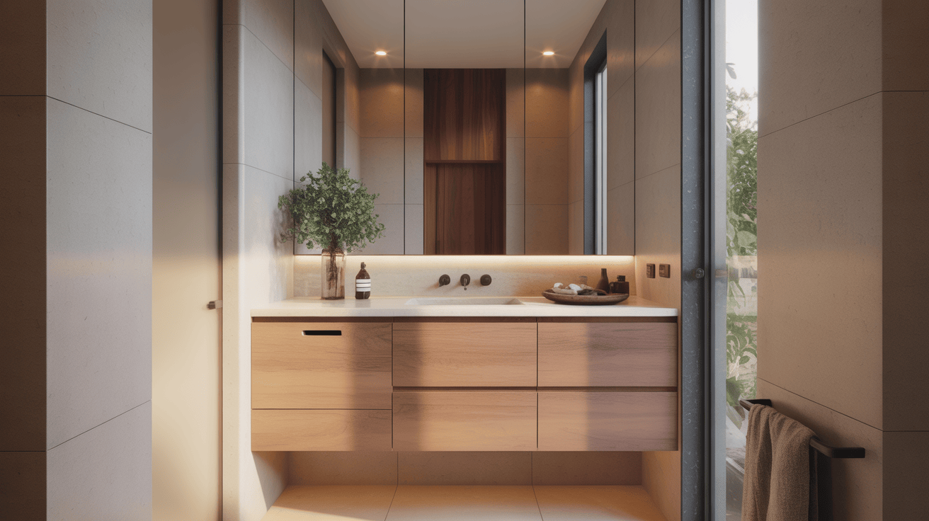 Modern bathroom vanity design ideas with wood drawers mirror and soft lighting