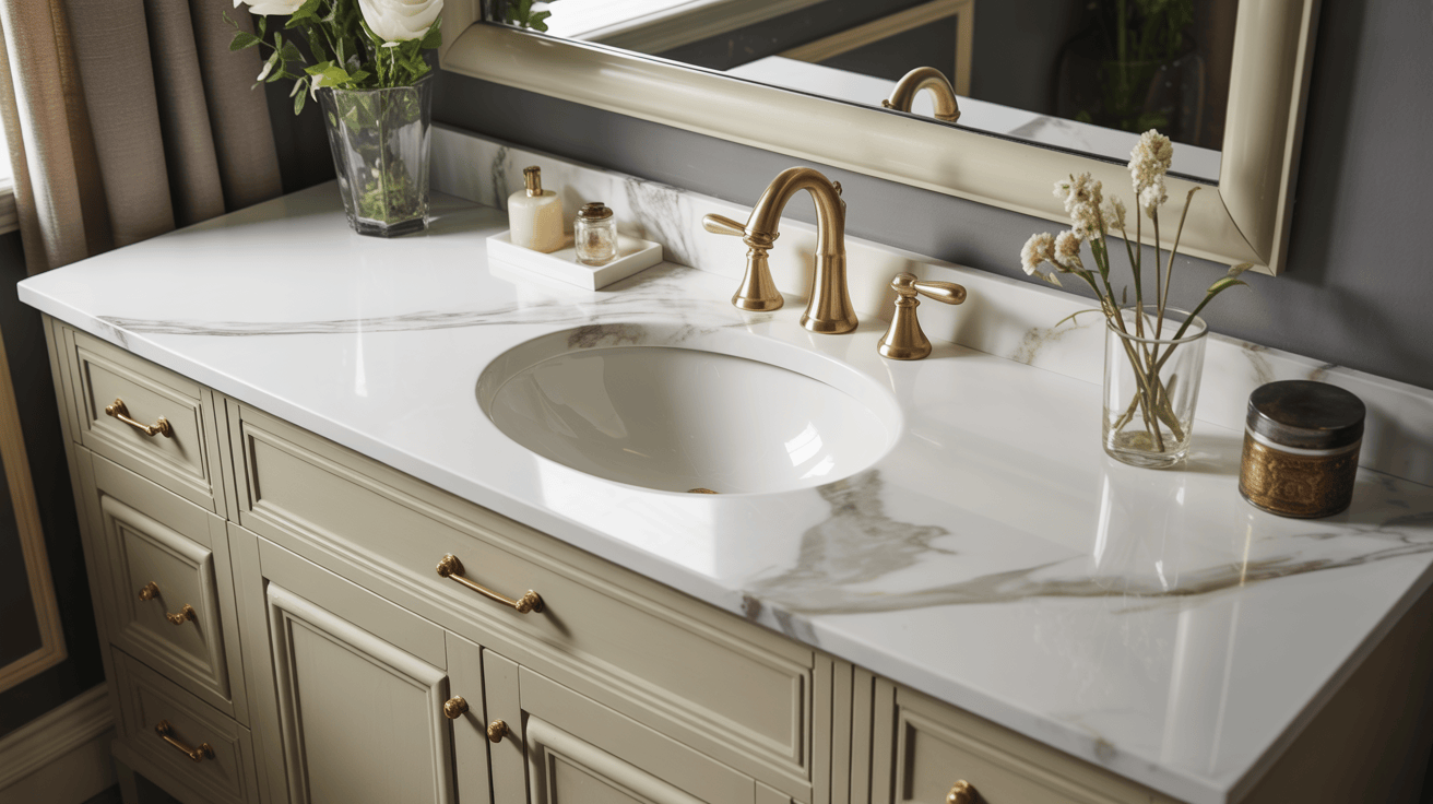 Classic bathroom vanity design ideas with marble countertop and gold fixtures