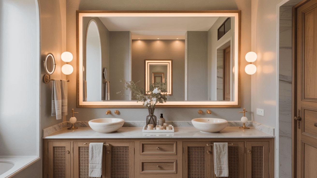 Elegant bathroom vanity design ideas with double sinks and warm mirror lighting