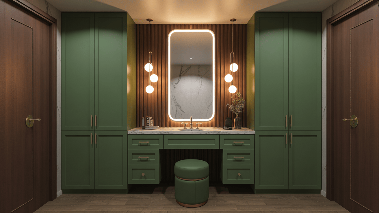 Luxury bathroom vanity cabinet design with green drawers marble top and modern lights