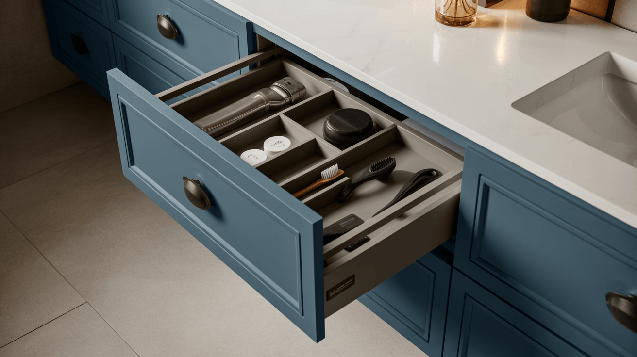 Smart bathroom vanity ideas with blue drawer storage and organized compartments