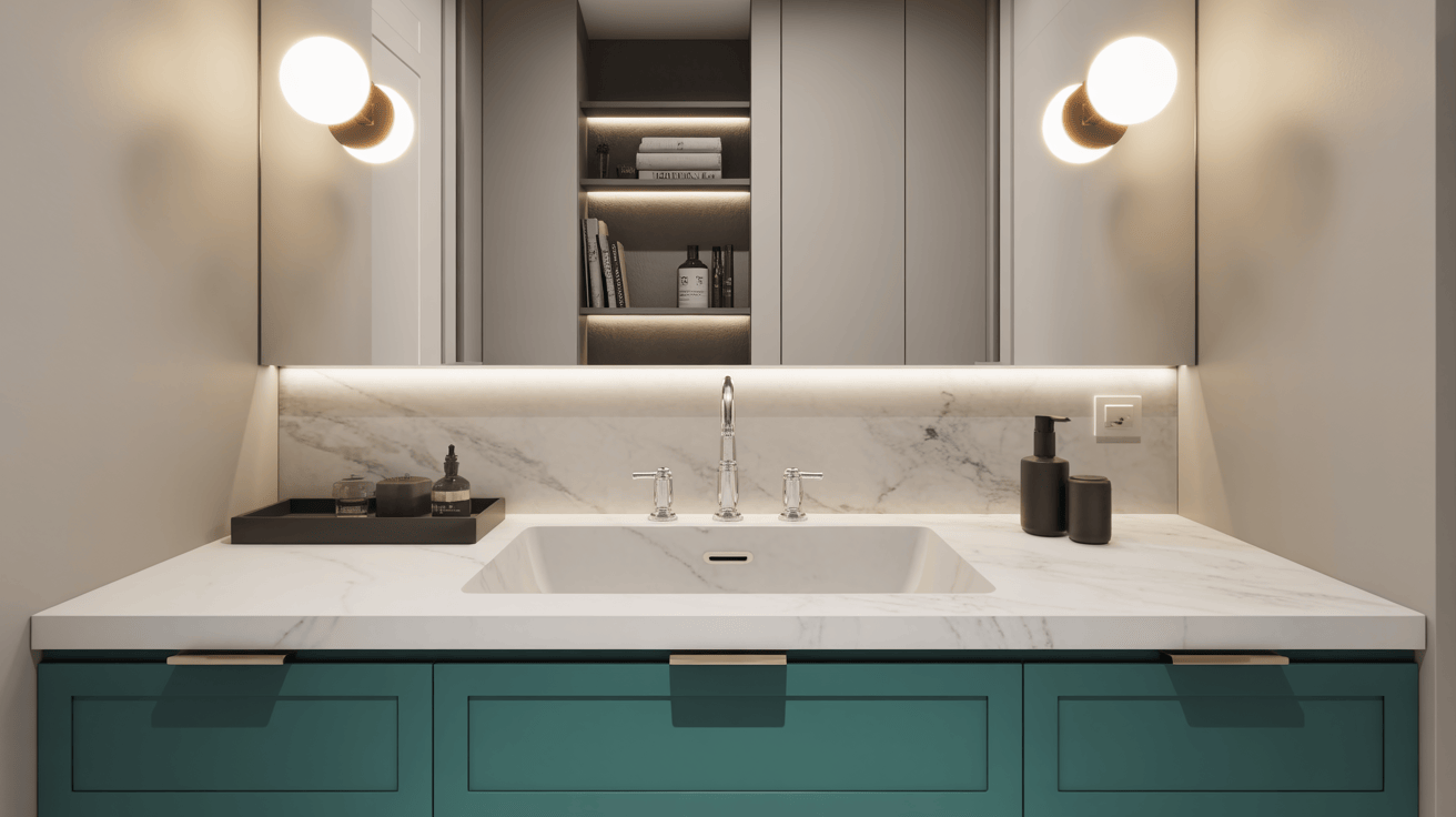Elegant small bathroom vanity with sink in marble top and teal cabinet style