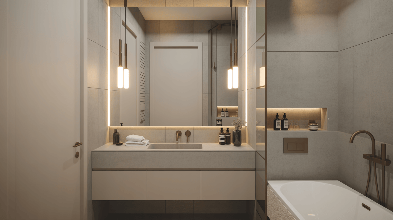 Elegant bathroom vanity modern design with warm lighting and sleek storage