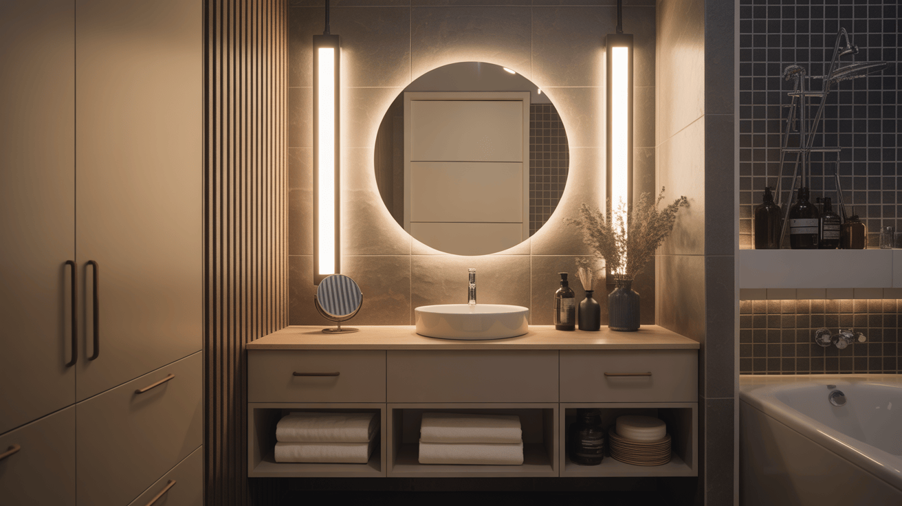 Stylish bathroom vanity modern design with round mirror and soft warm lighting