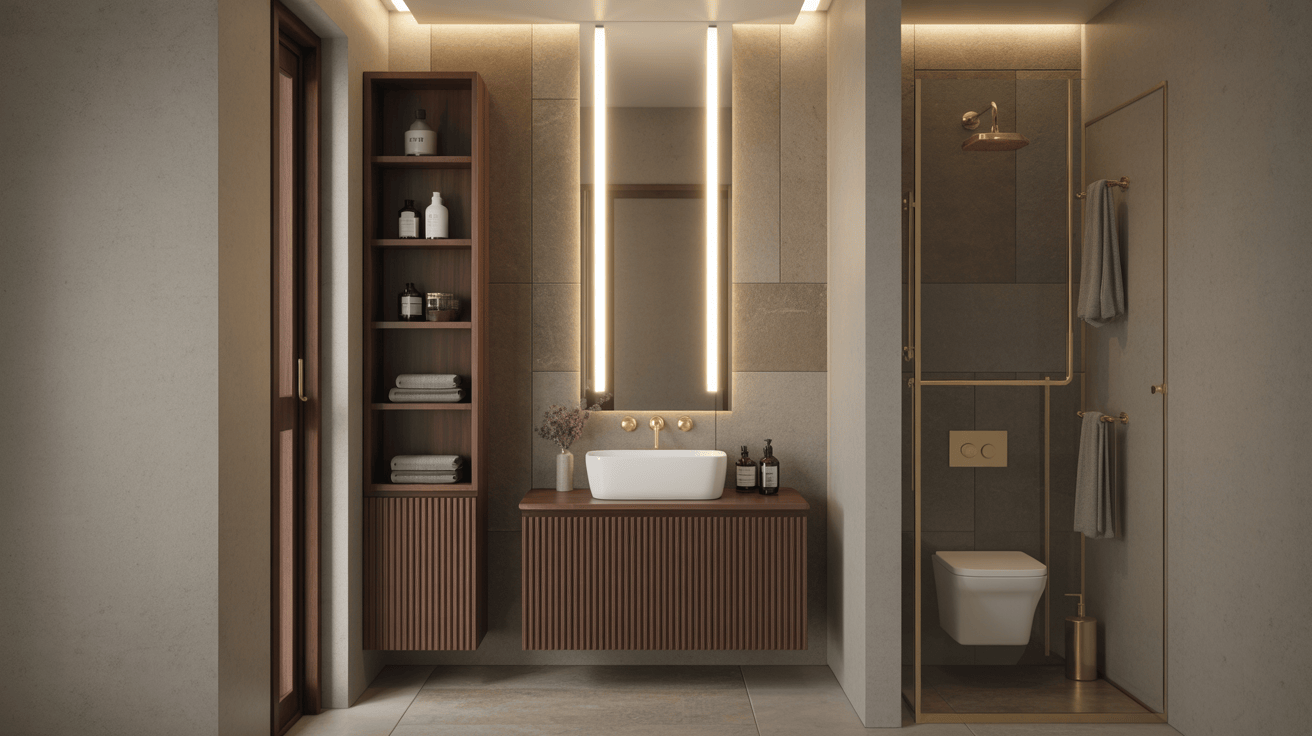 Modern bathroom vanity ideas with wood storage cabinet mirror and warm lighting