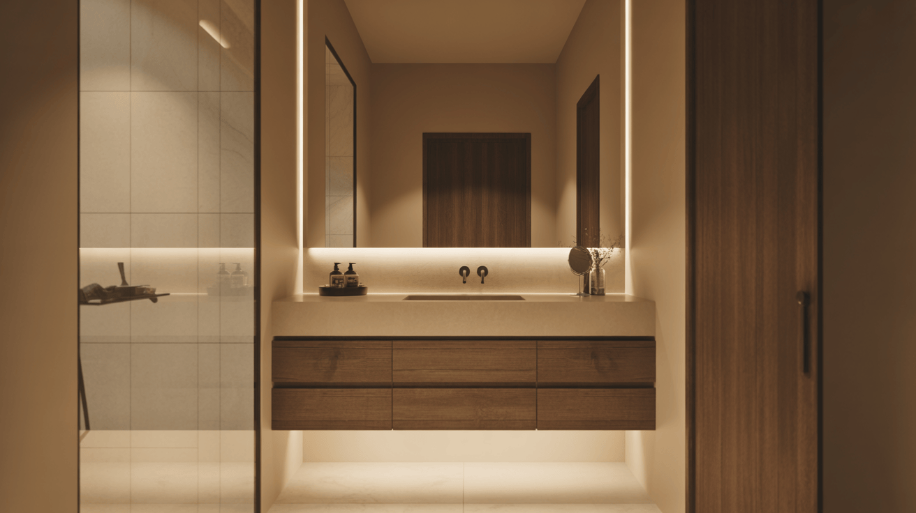 Stylish bathroom vanity cabinet design with wood drawers and soft lighting