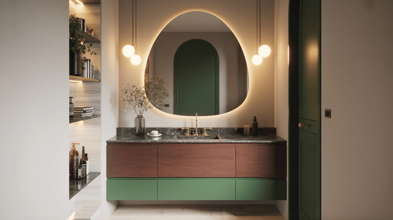 Chic bathroom vanity modern design with wood green drawers and soft mirror lighting