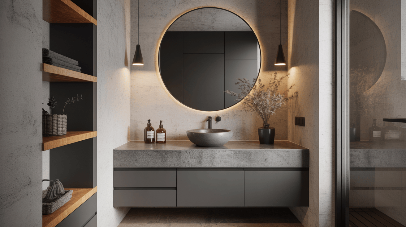 Luxury bathroom vanity modern design with stone countertop and round backlit mirror