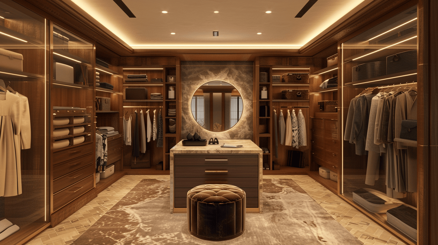 Luxurious almirah inside design for bedroom with walk-in wooden wardrobe