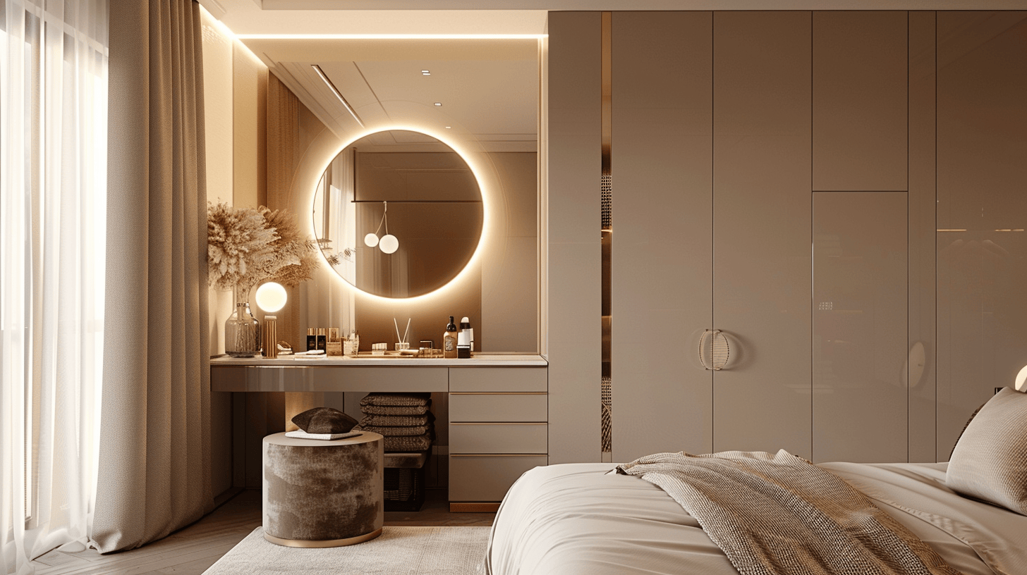 Stylish almirah design for bedroom with dressing table and glowing mirror