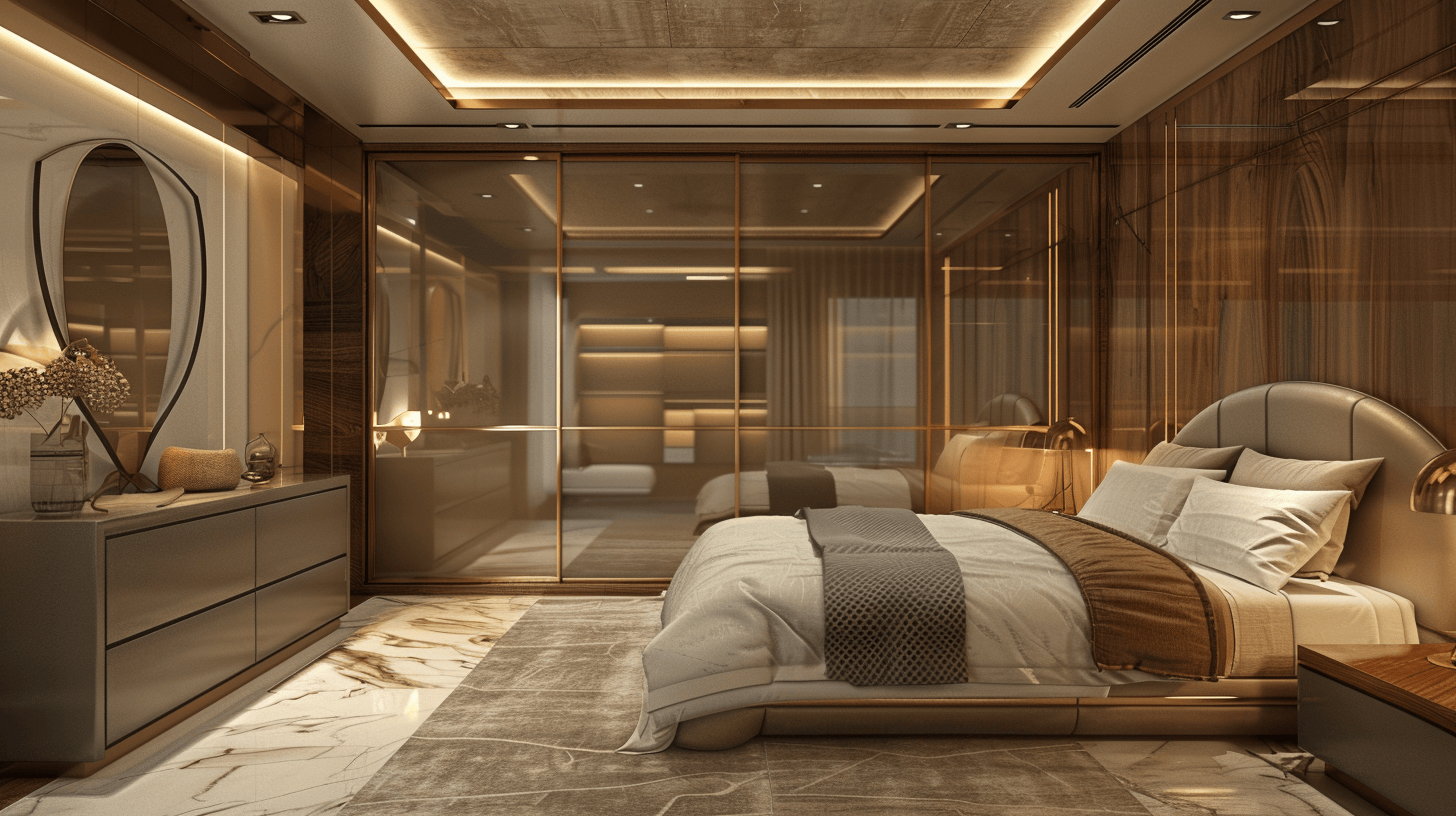 Luxurious sliding almirah design for bedroom with golden glass finish