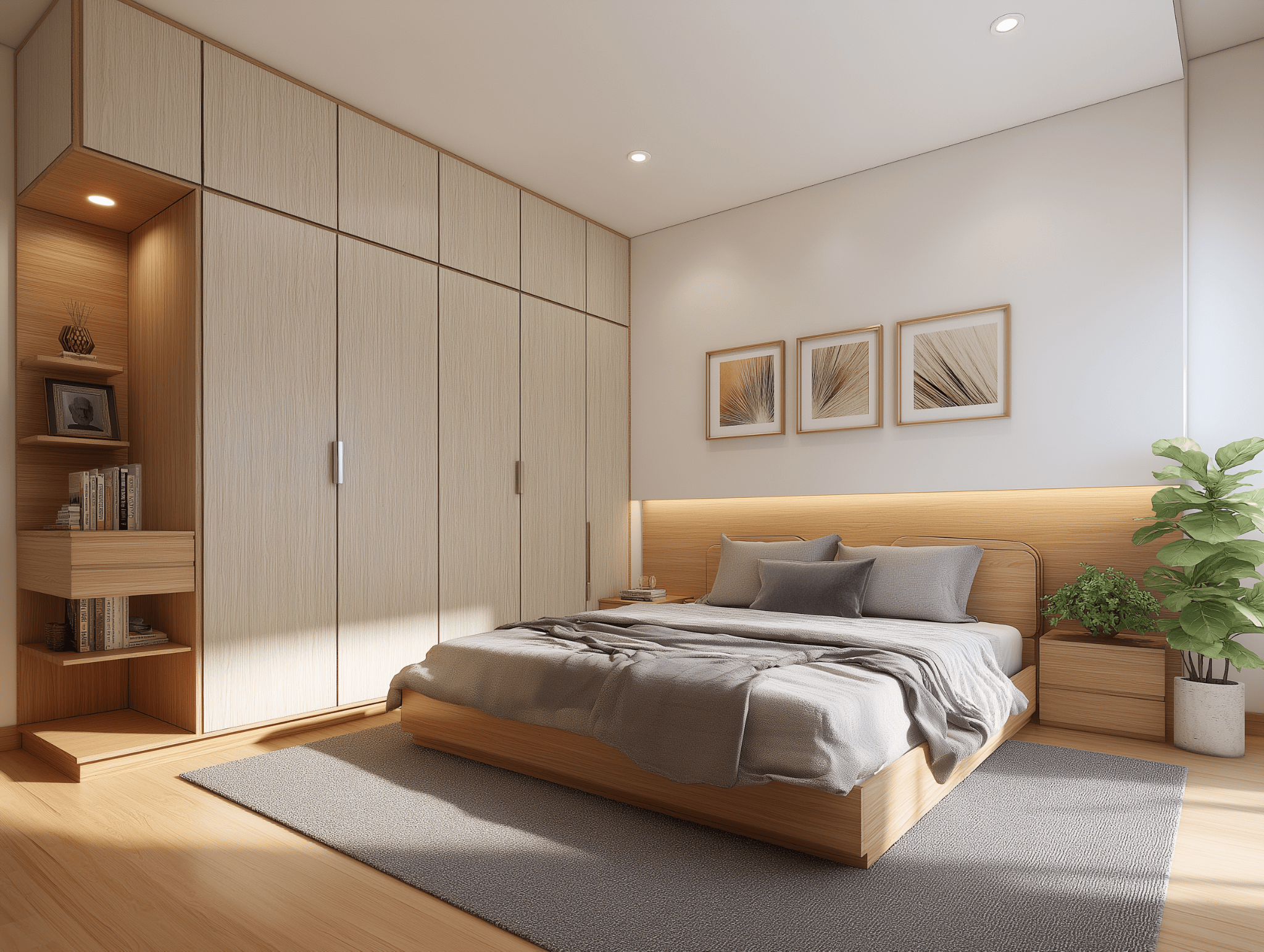 Elegant wooden almirah design for bedroom with modern wall-fitted storage