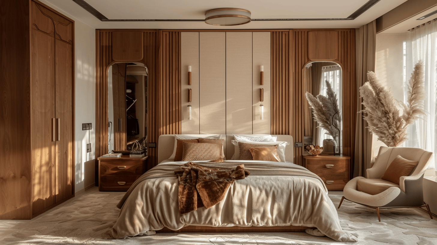 Elegant almirah design for bedroom with mirror and wooden finish