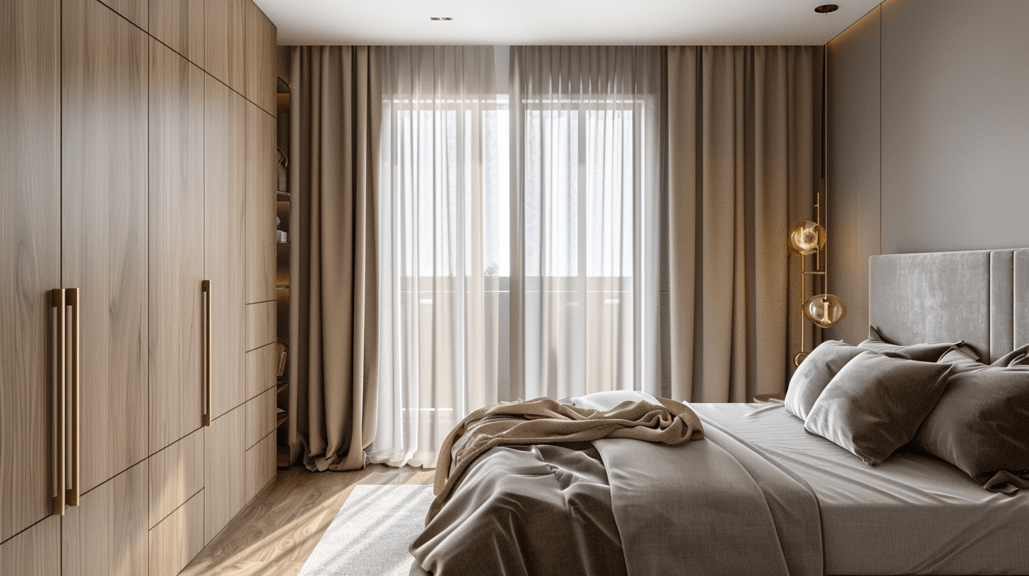 Sleek 2 door sliding wardrobe inside design with natural wood tones and tall handles