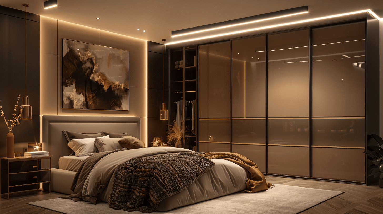 Modern sliding wardrobe glass door design with warm bedroom lighting