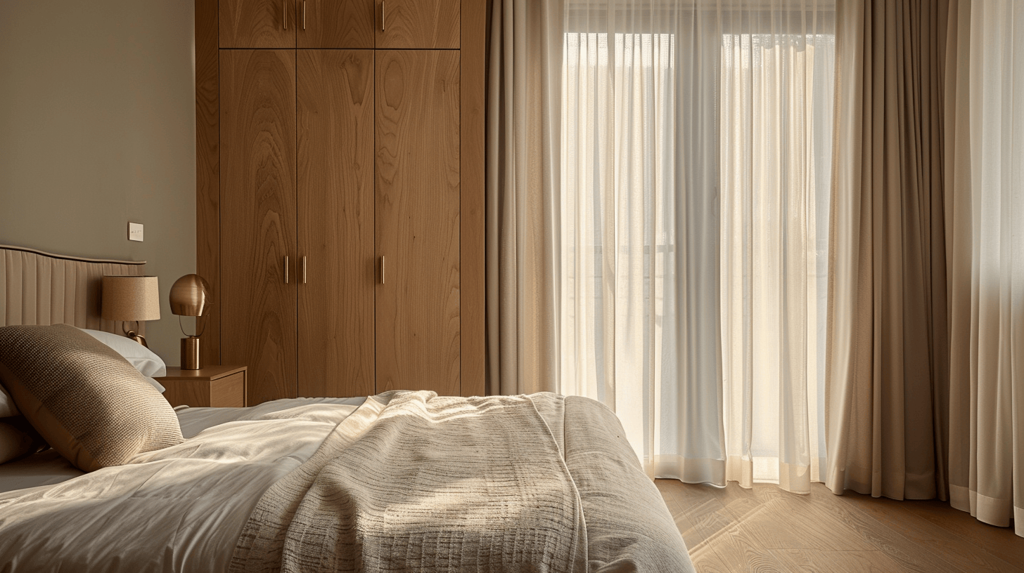 Elegant wardrobe sliding door handle design in cozy wooden bedroom