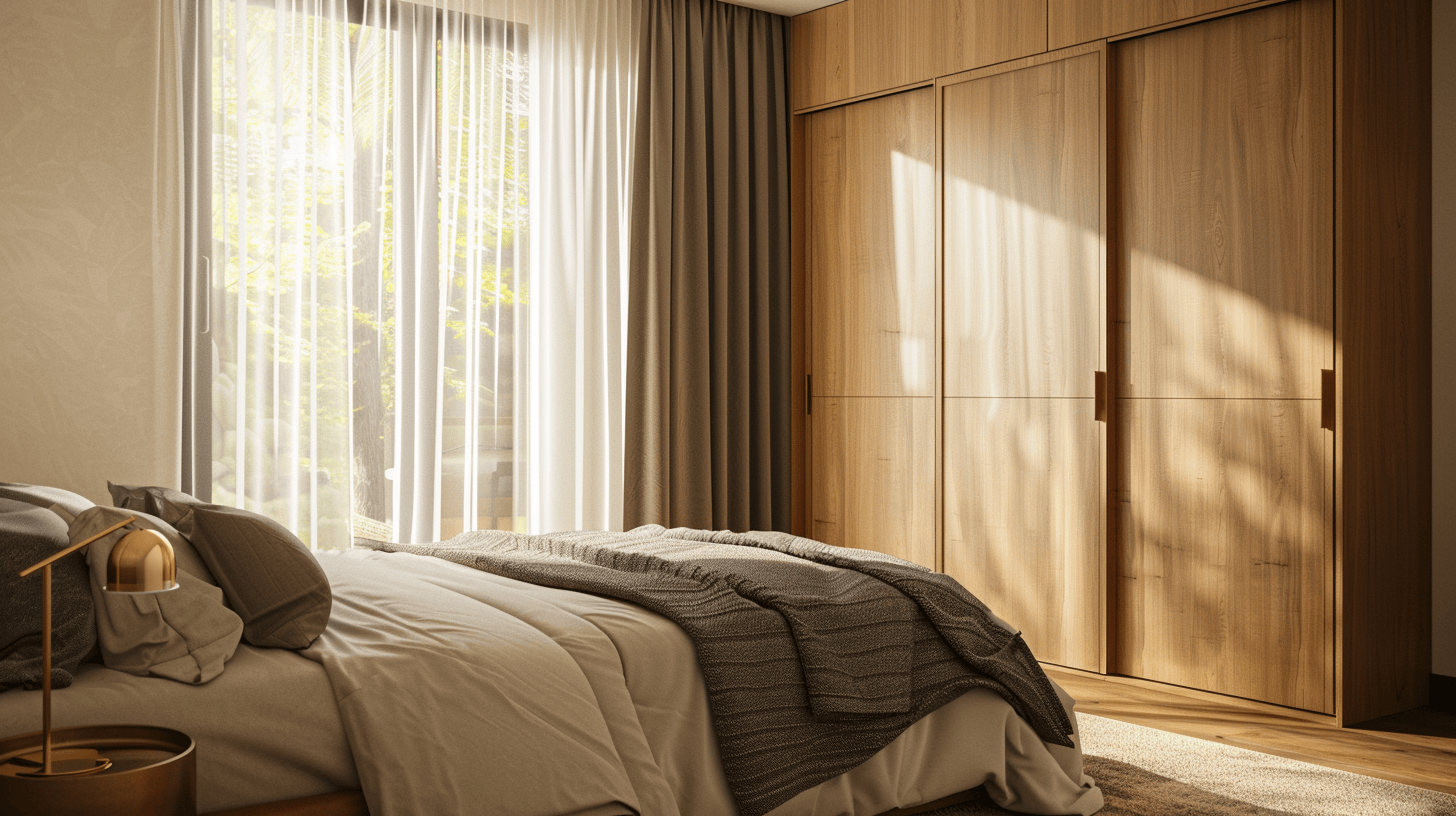 Stylish 3 door sliding wardrobe designs in wood finish for cozy bedrooms