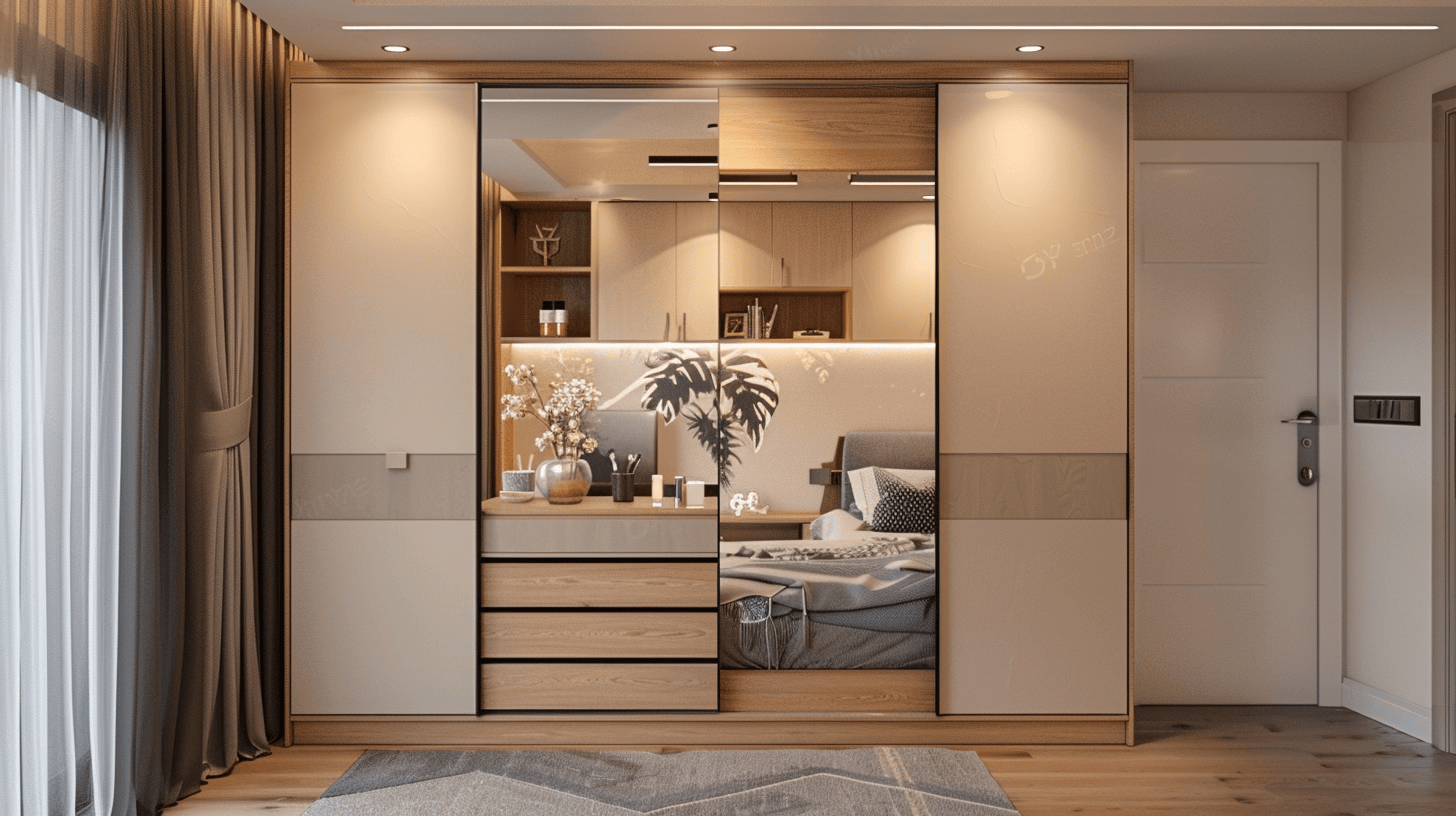 Stylish wardrobe design sliding door with dressing table in modern bedroom