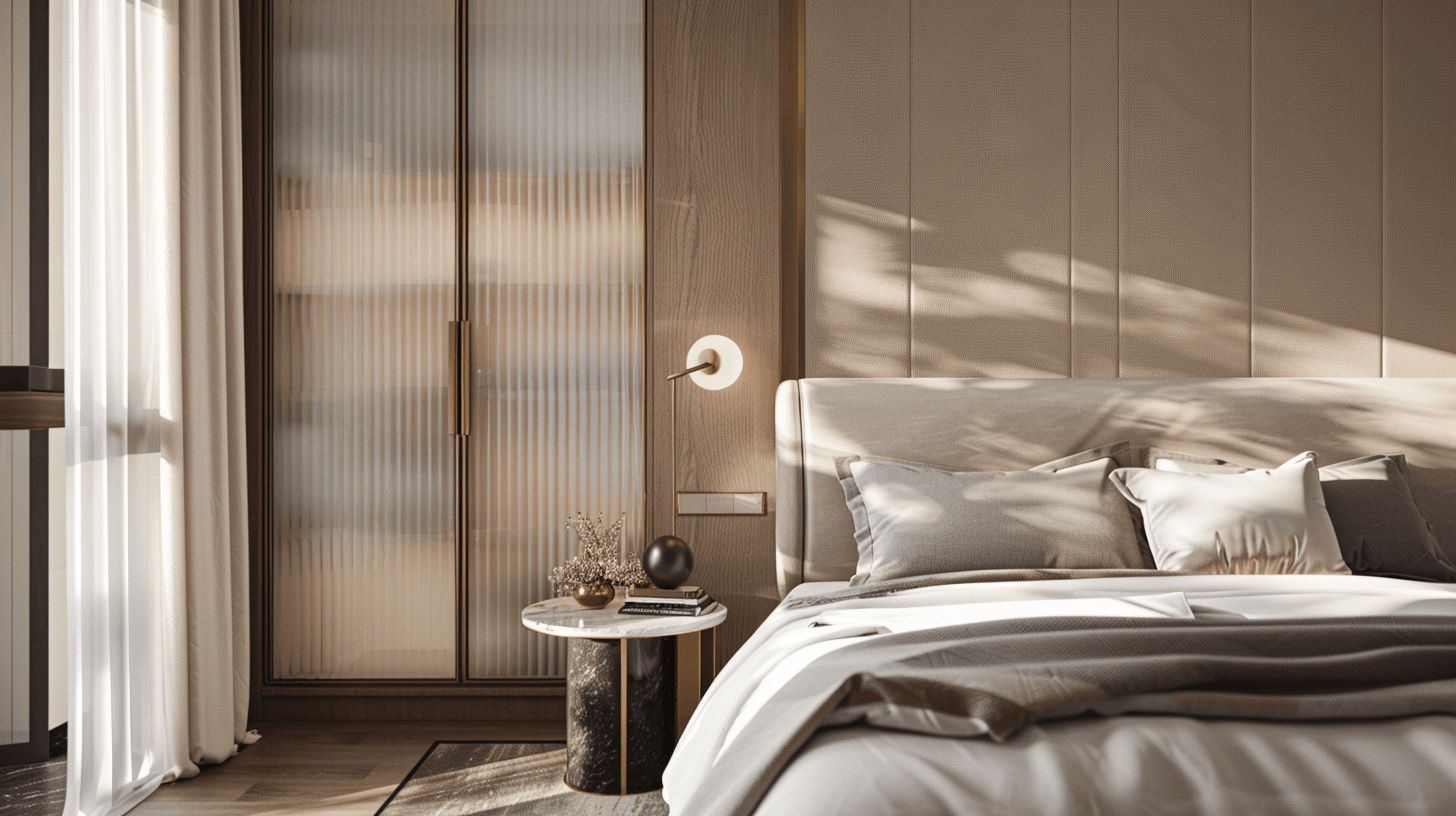 Minimalist sliding wardrobe glass door design in a soft-toned modern bedroom