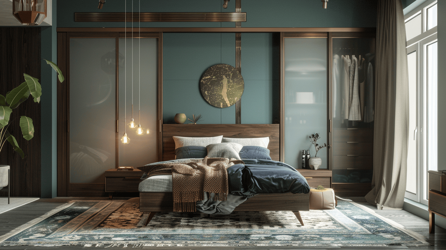Modern sliding door wardrobe designs for bedroom with cozy wood and teal decor