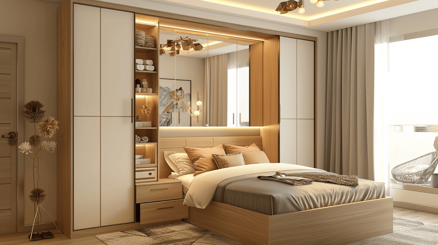 Smart wardrobe design sliding door with dressing table in a sunlit modern bedroom