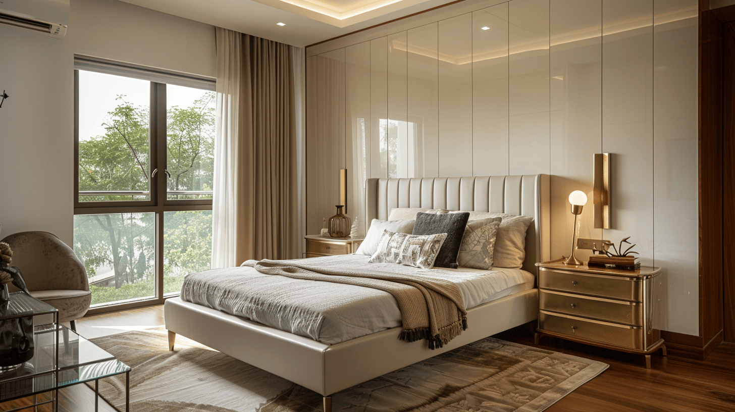 Stylish bedroom furniture design with upholstered bed and golden accents