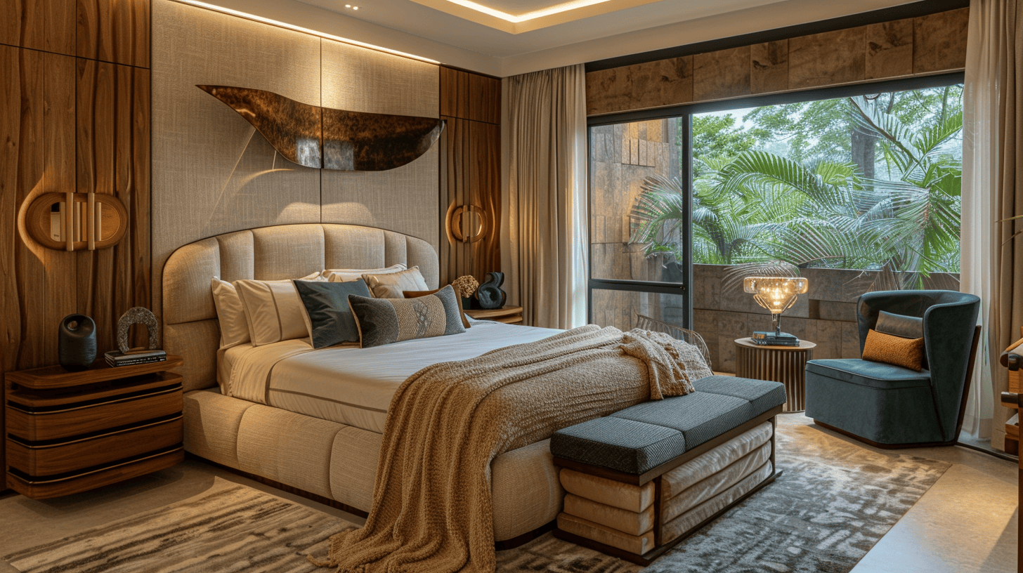 Luxury bedroom furniture design with upholstered bed, wood panels, and warm lighting