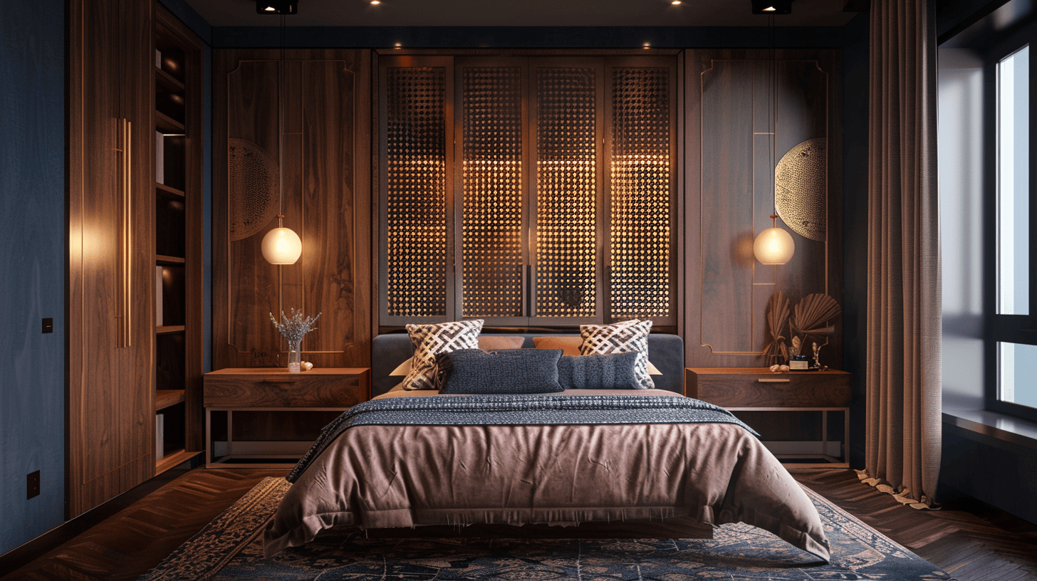 Modern bedroom furniture design with wooden panels, soft lighting, and cozy bedding