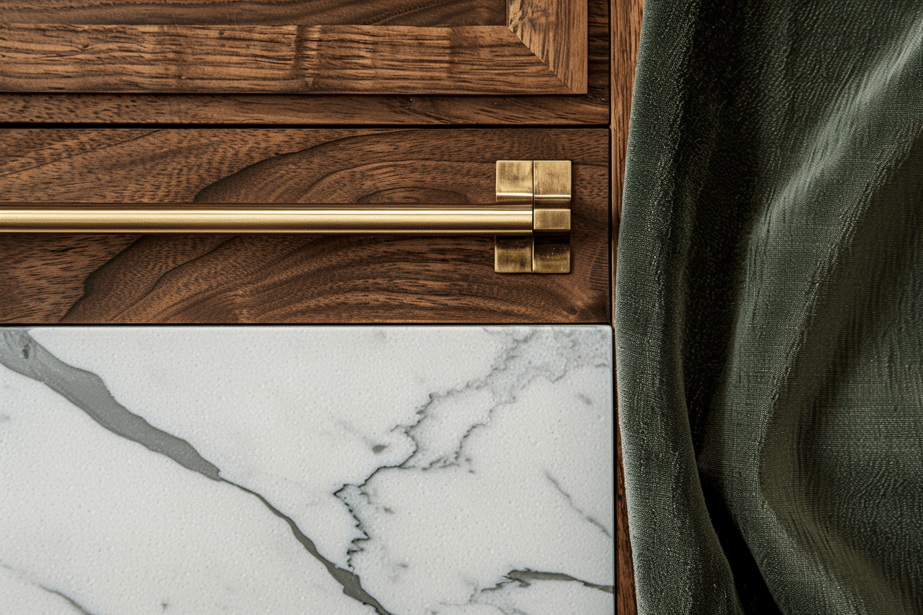 Detailed bedroom furniture design with walnut wood, marble finish, and brass handle