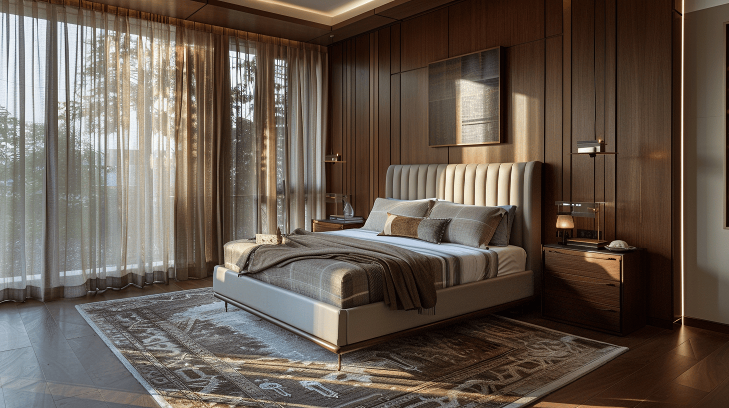 Elegant bedroom furniture design with wood wall panels and upholstered bed