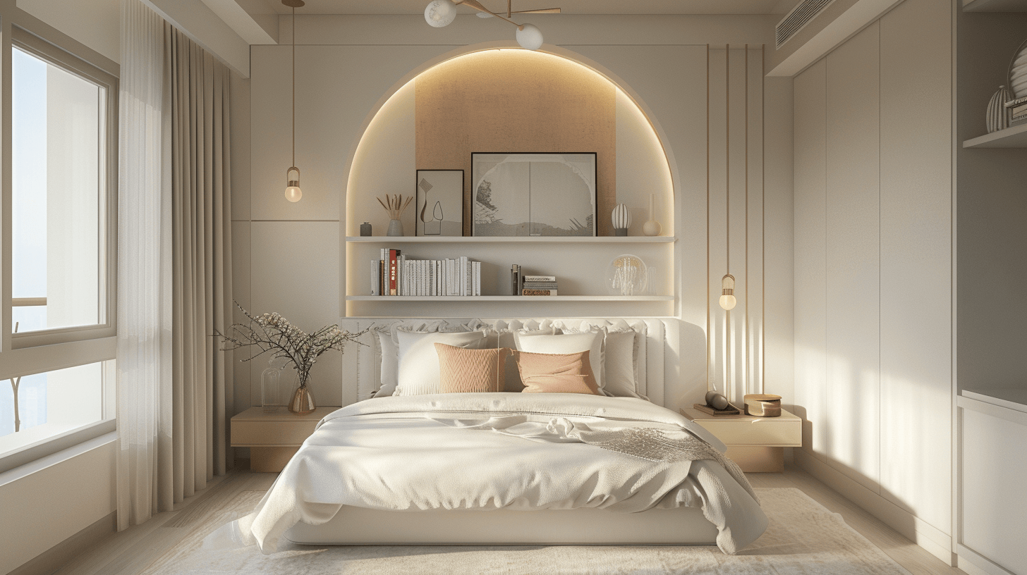 Modern bedroom interior design with arched wall lighting and neutral elegant decor