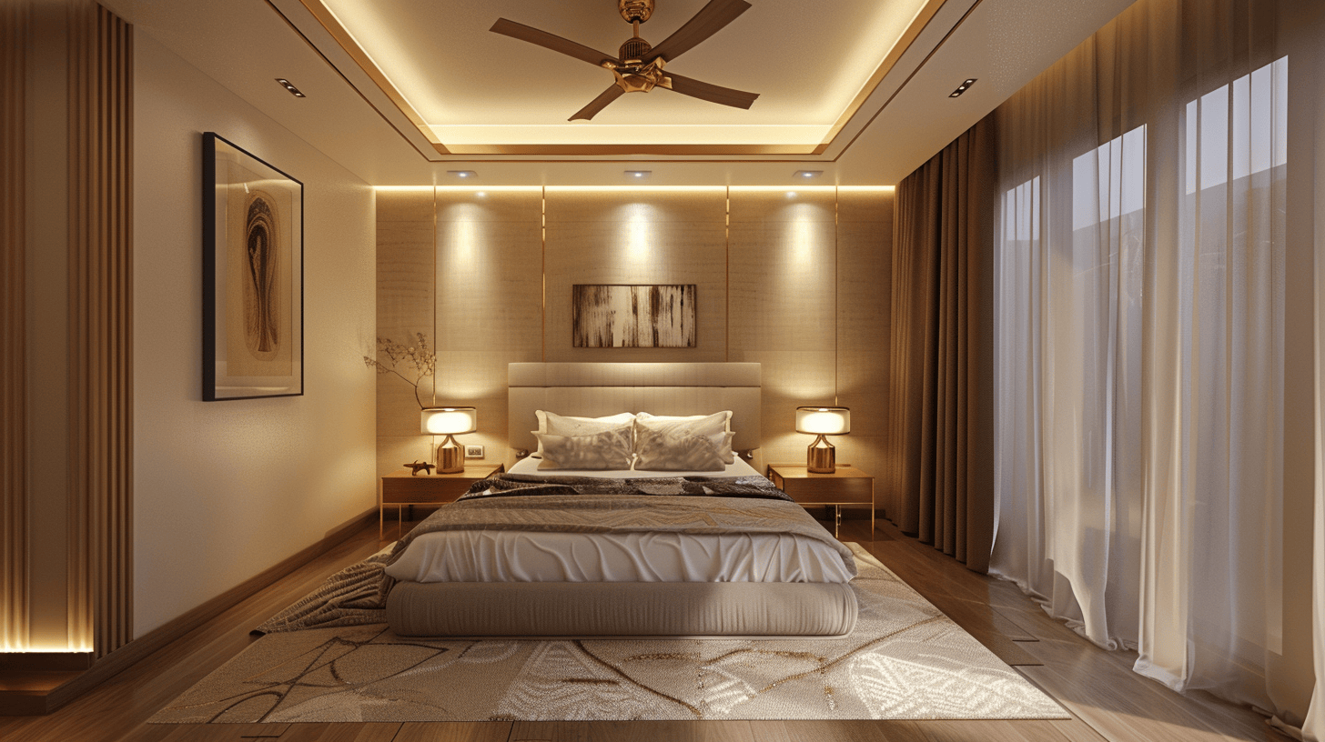 Elegant small bedroom pop design with warm lighting, ceiling fan and modern interiors