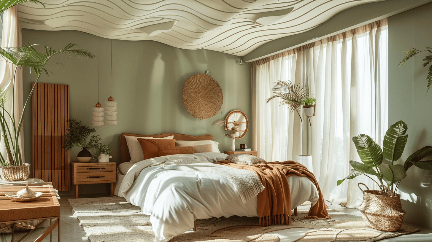 Earthy modern bedroom with sage green walls, rattan decor and wave ceiling design
