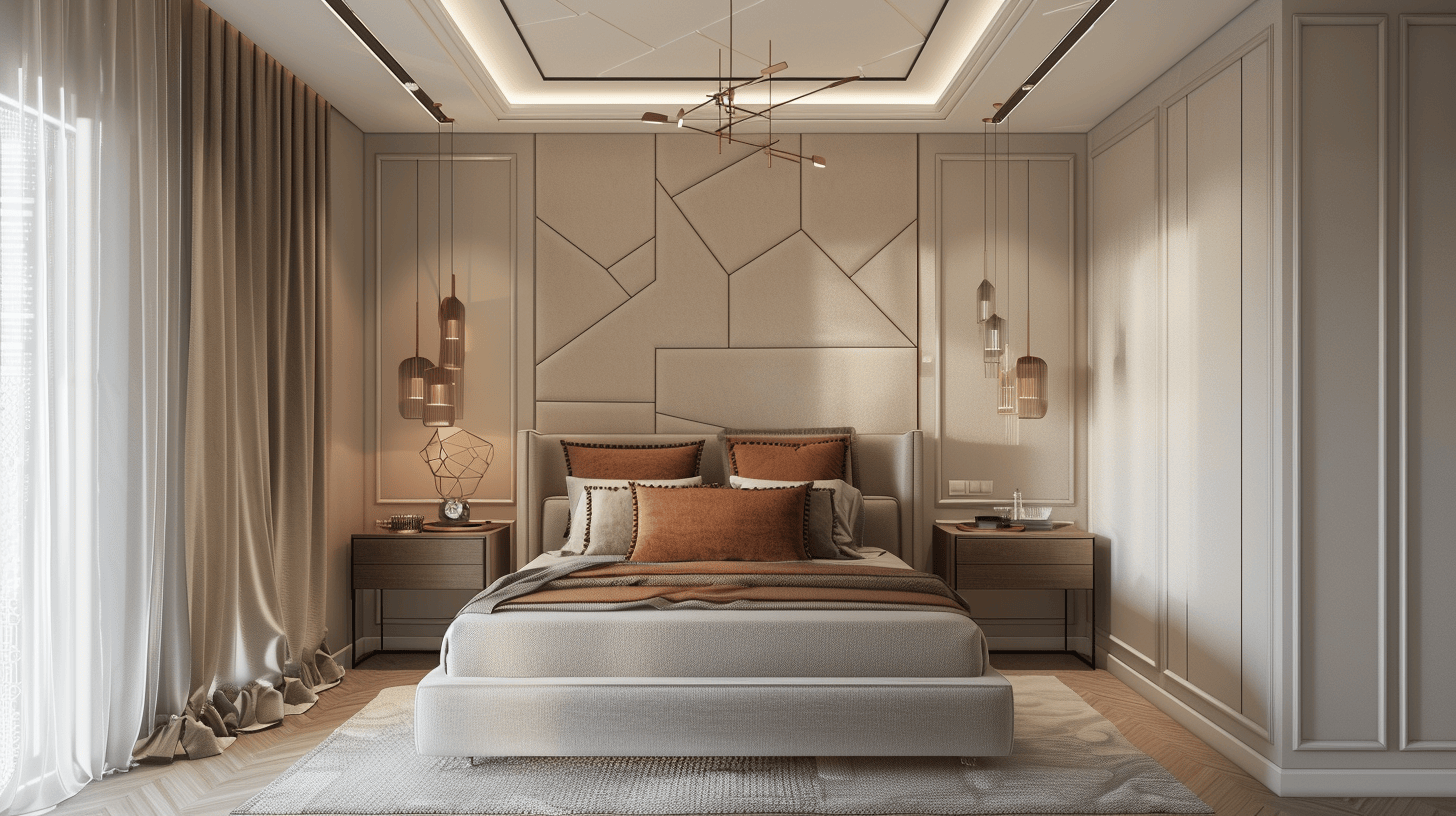 Modern small bedroom pop design with elegant ceiling lights and warm earthy tones