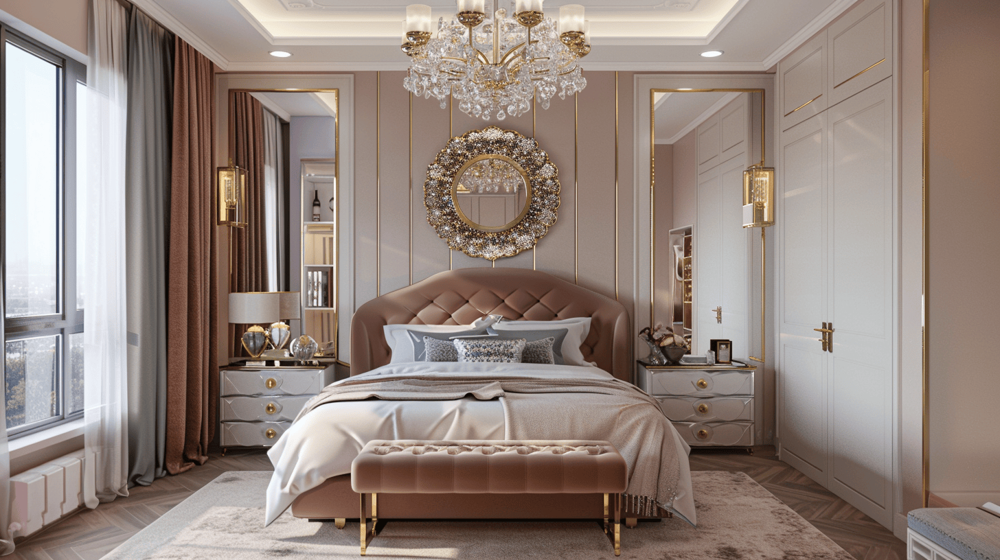 Luxury bedroom interior design with chandelier, tufted bed and gold accented decor