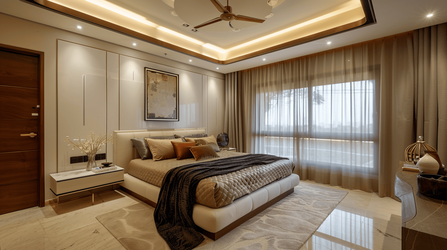 Modern bedroom pop design with fan and recessed cove lighting in warm neutral tones