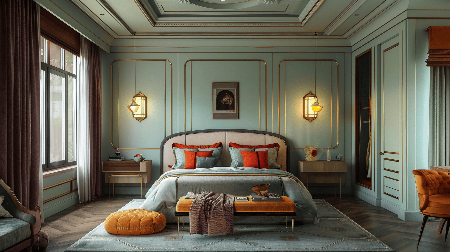 Luxury bedroom design with teal panel walls, gold accents and warm orange decor