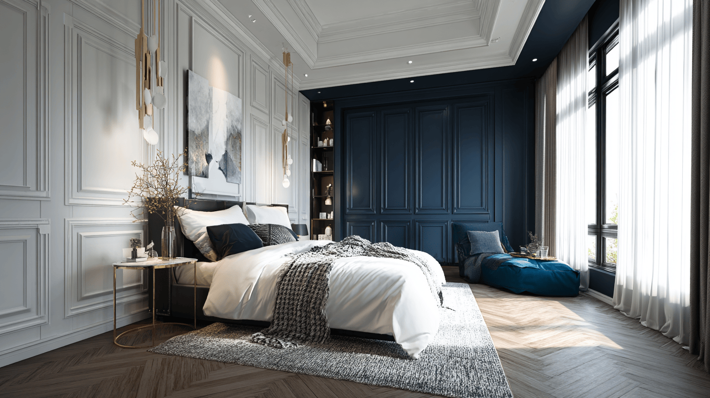 Luxury bedroom with navy blue wall panels, elegant molding and herringbone flooring