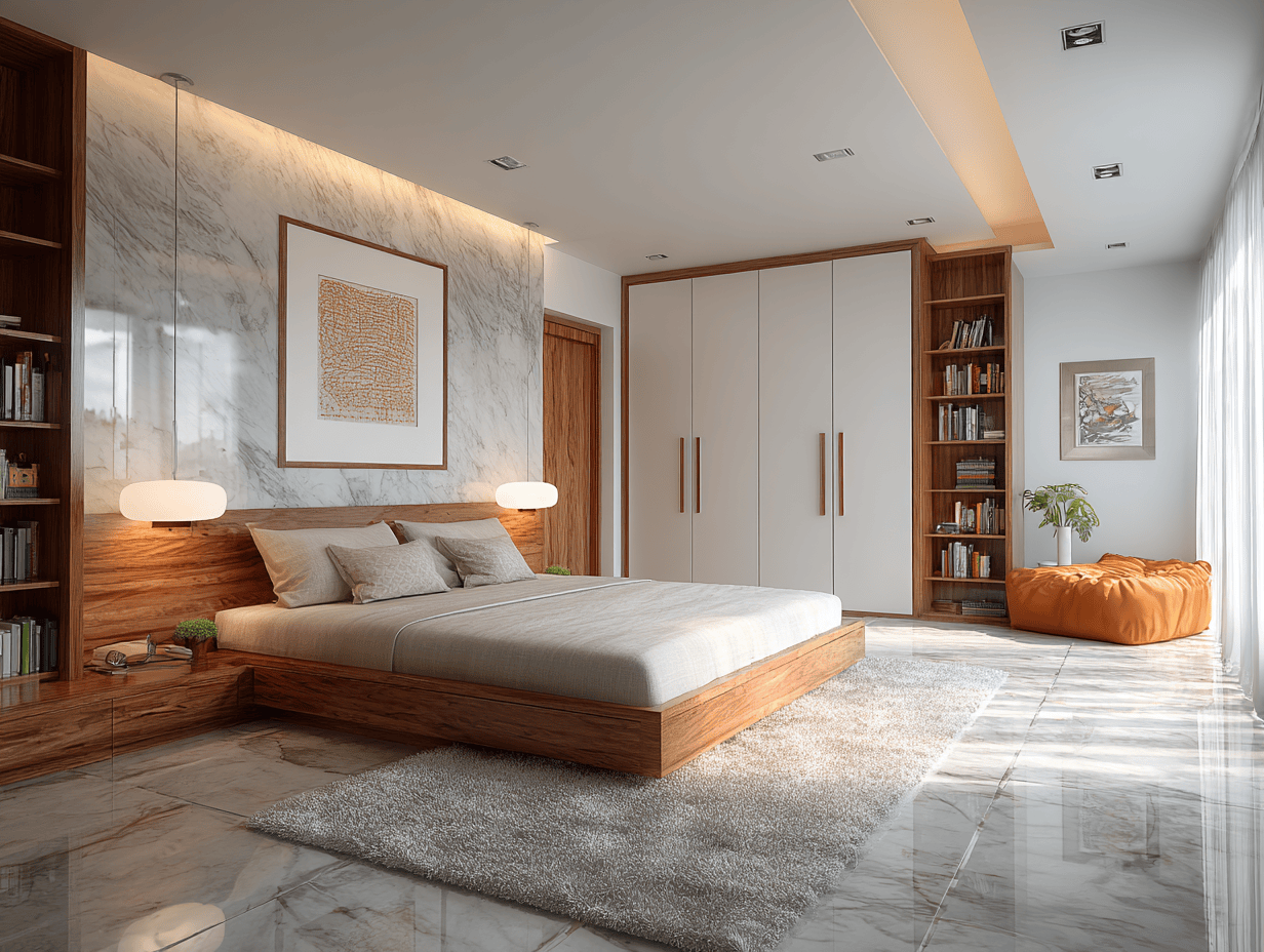 Modern bedroom with marble wall, wooden bed and built-in wardrobe with bookshelves