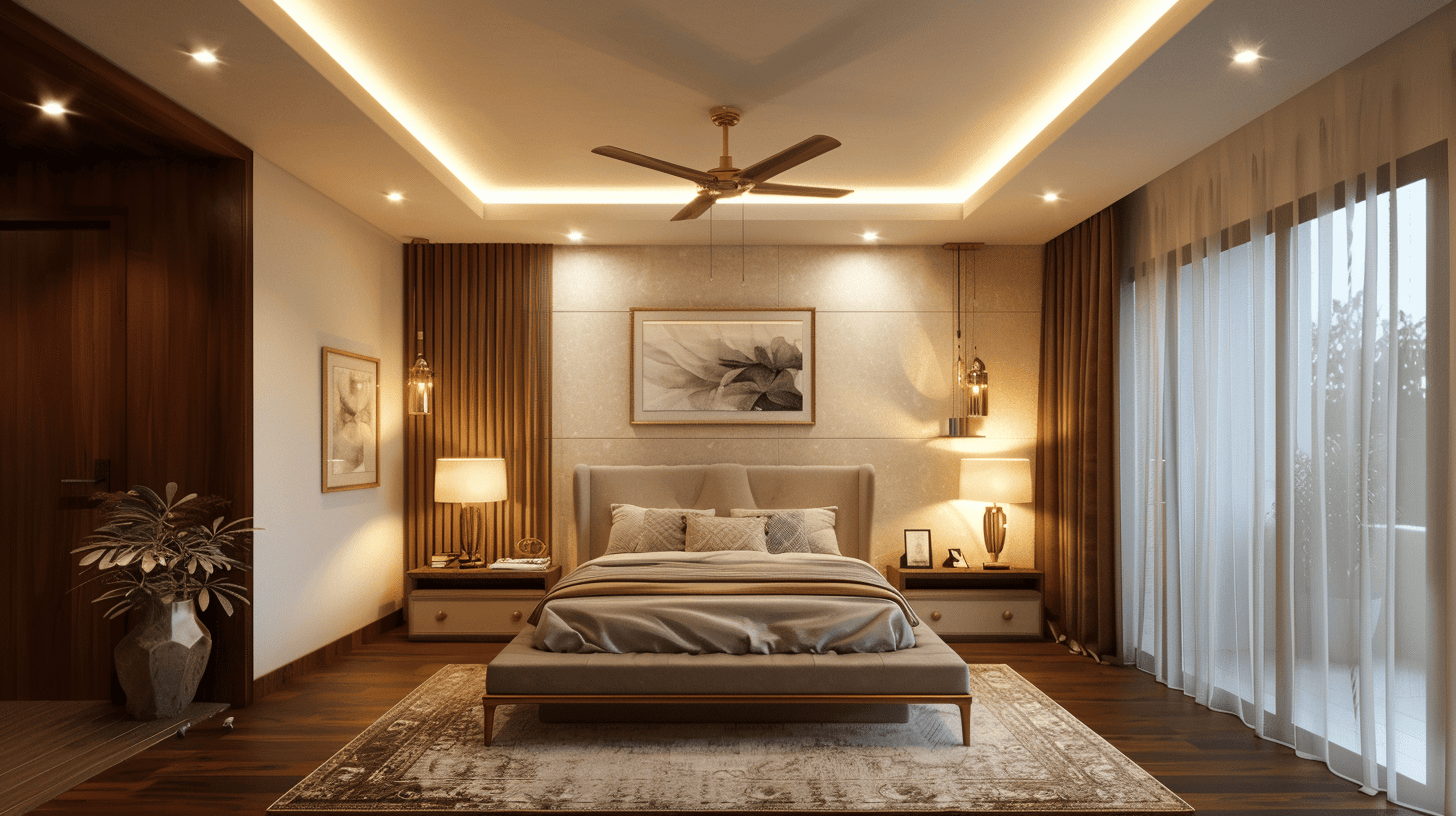 Warm small bedroom pop design with recessed ceiling lights and wooden modern interiors