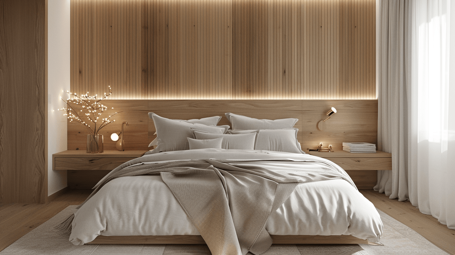 Modern bedroom interior design with wooden wall paneling and warm minimal lighting