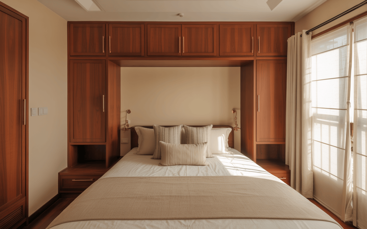 Elegant cupboard design for small bedroom with wooden built-in storage