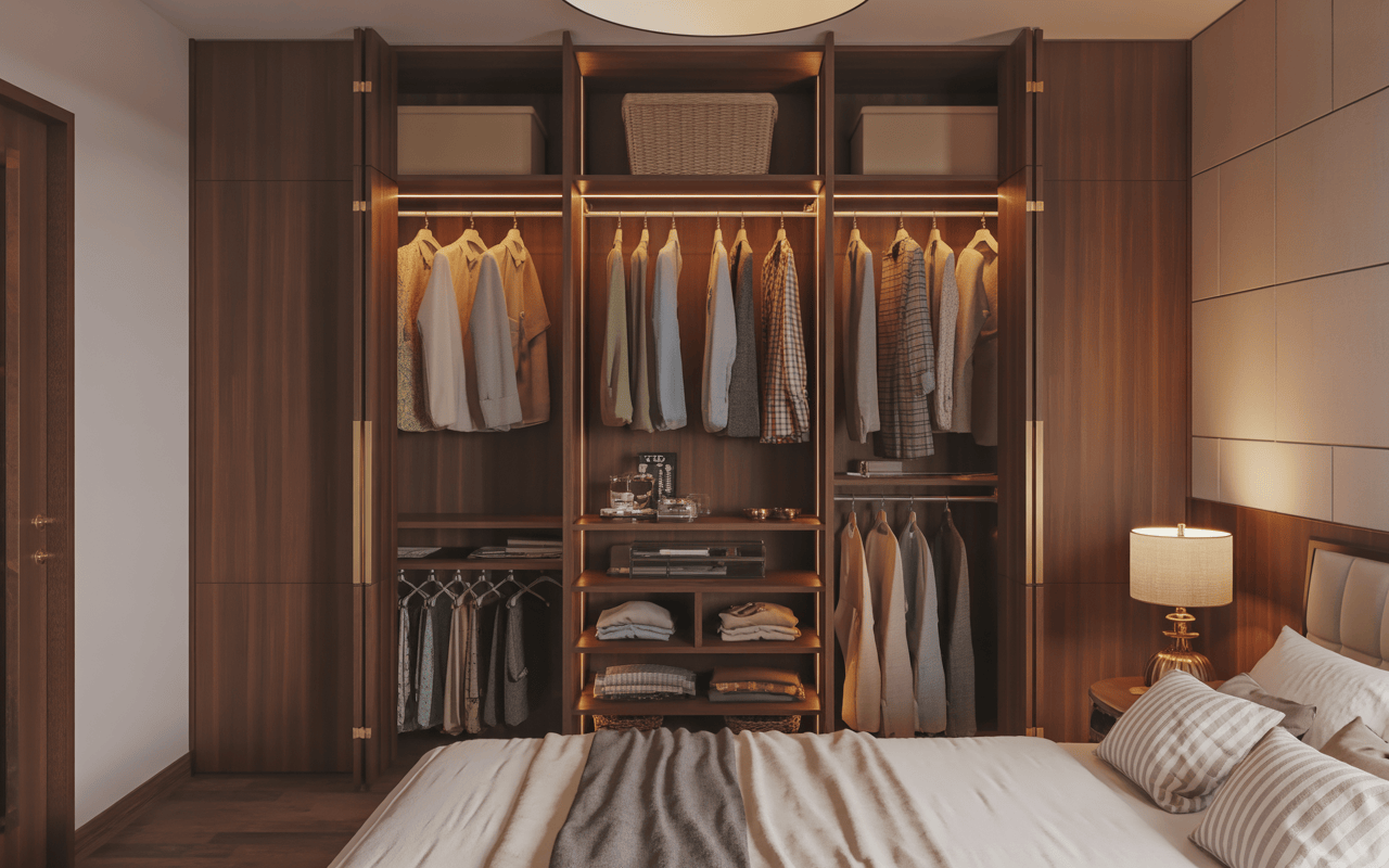 Organized cupboard design for small bedroom with open wooden wardrobe storage