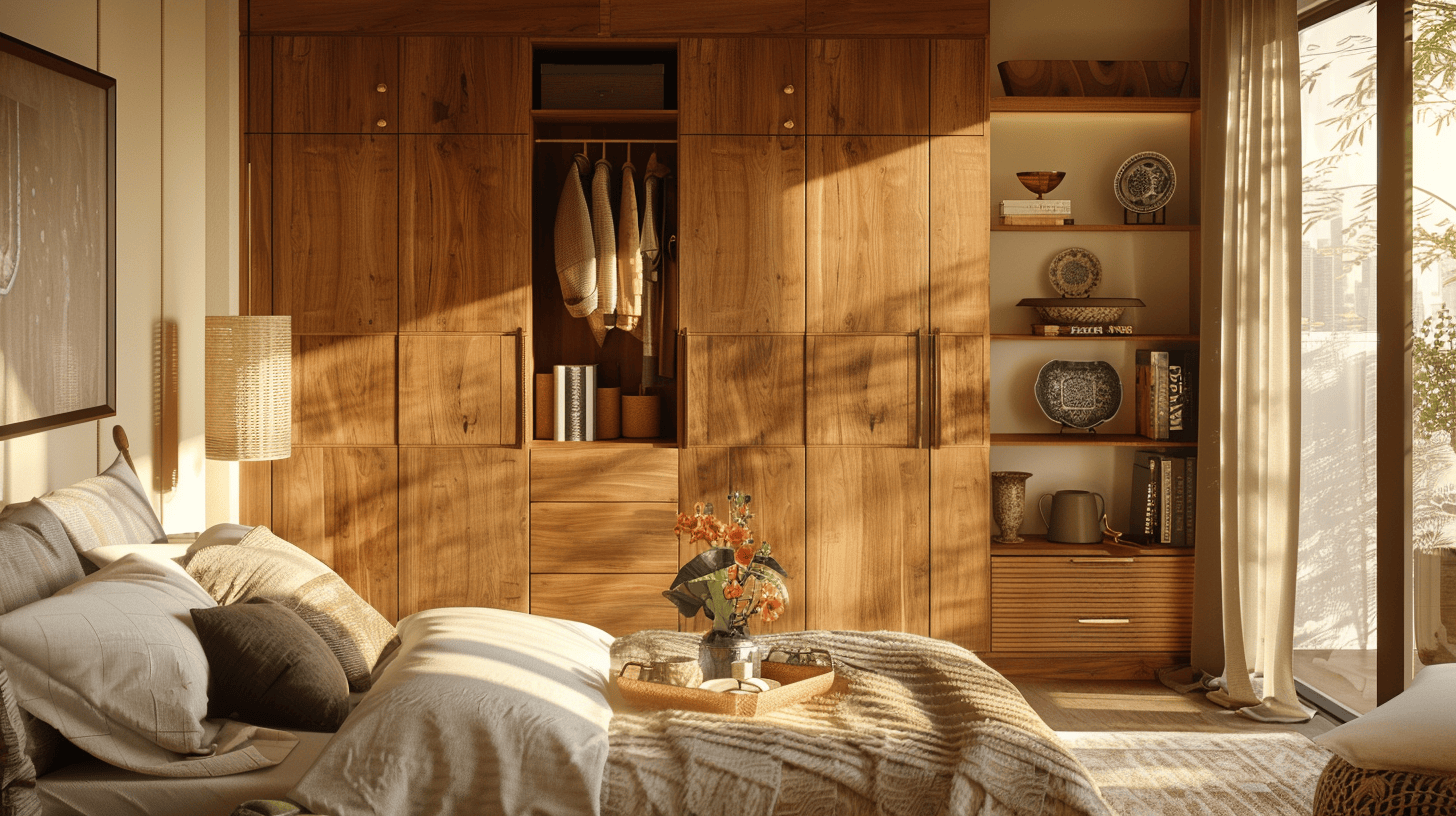 Warm cupboard design for small bedroom with wooden wardrobe and open shelves