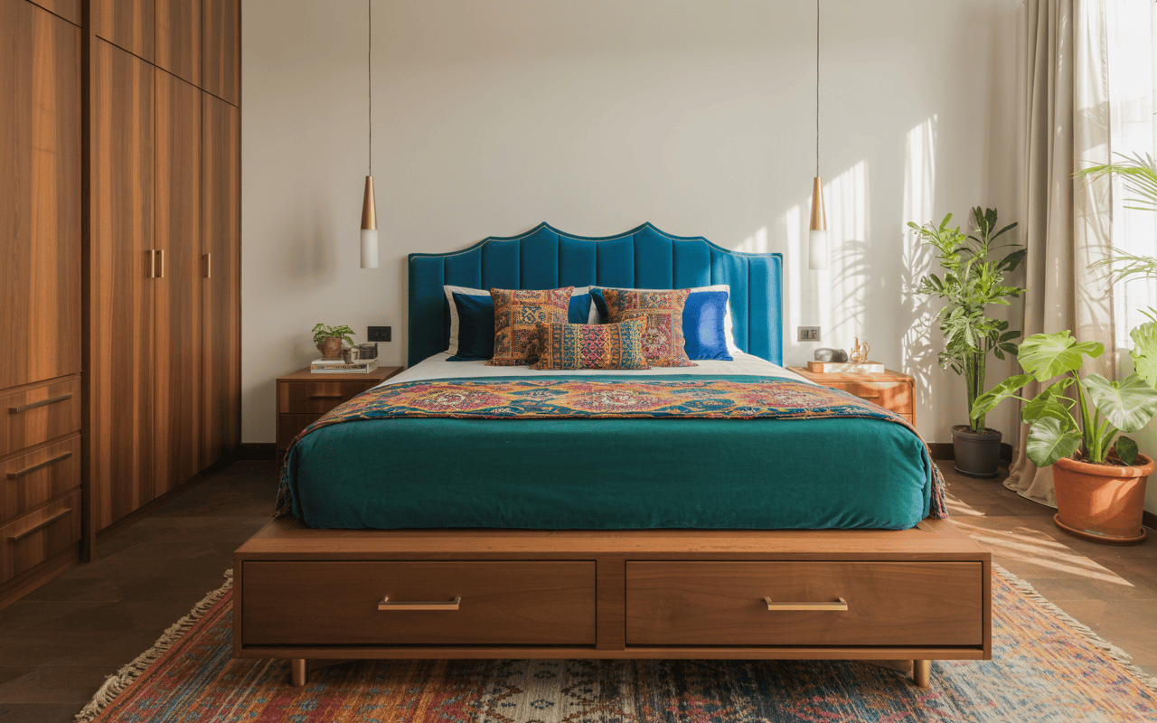 Elegant cupboard design for small bedroom with wooden wardrobe and storage