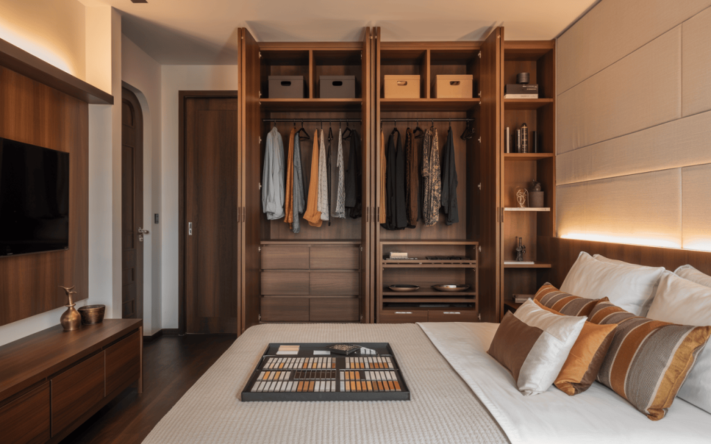 Functional cupboard design for small bedroom with open wardrobe and drawers
