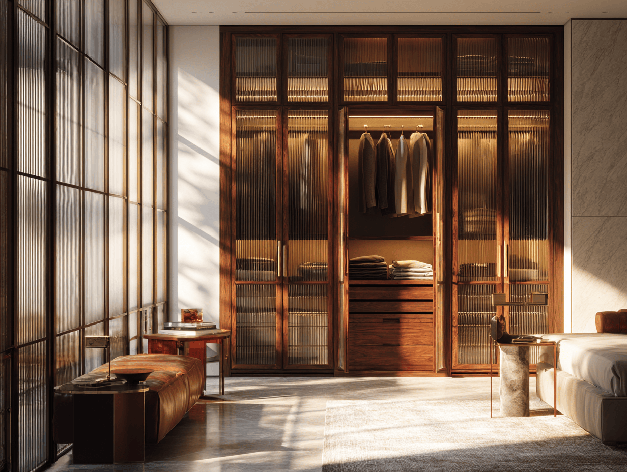 Luxury cupboard design for small bedroom with glass wardrobe and wooden finish